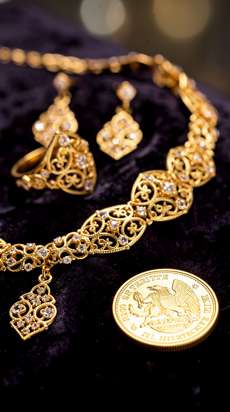 Stunning Gold Polished Jewelry Set with Coin