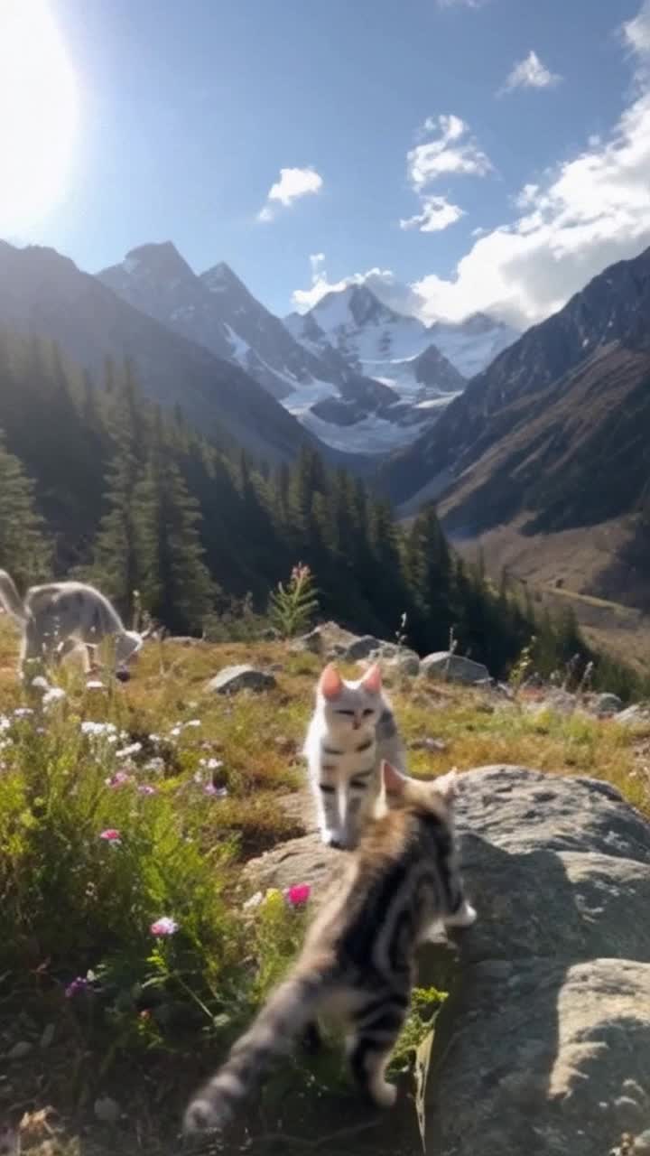 Fluffy kittens tumbling joyfully vibrant fur flying through crisp mountain air, paws dancing among vibrant wildflowers Leap and chase each other with boundless energy, playfully pouncing between boulders Majestic snowcapped peaks rising in the distance under a brilliant blue sky, sun glimmers through softly swaying trees creating a serene atmosphere Gentle breeze carries sounds of laughter and soft meows, birds chirping harmoniously above Expansive green valleys dotted with colorful blossoms stretch beneath them, creating a picturesque natural playground for these delightful creatures