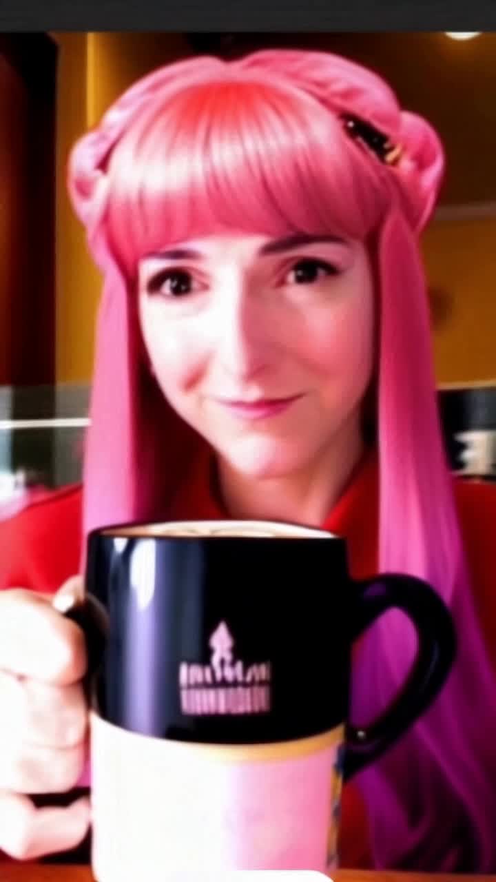 The Empress of all space and time is having a moment, a pleasant sip of beverage, in her own lair, she has gained everything, she smiles , her hair turns black with dark red highlights, her blouse becomes dark metallic violet purple poet blouse and the scene behind her becomes a mountain castle she suddenly stands before it in black slacks, turns and enters