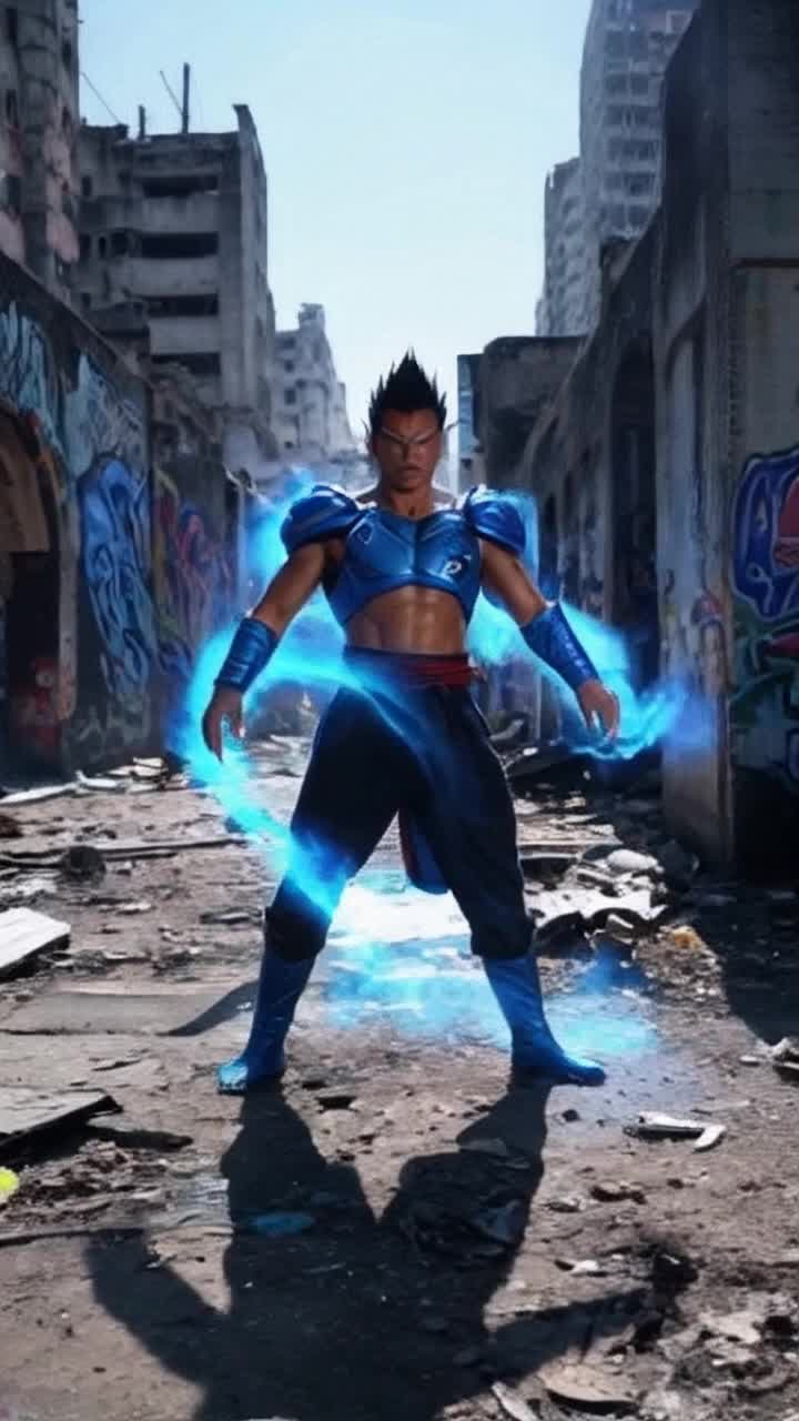 Chosen super Saiyan warrior with spiky hair surrounded by pulsing atomic blue energy emerges from deep meditation eyes wide with power realization. Crumbling walls adorned with vibrant graffiti tell stories of a forgotten urban landscape while shadows dance across the debris-strewn ground. A hazy glow envelops the scene as energy crackles in the air and distant echoes of city life linger