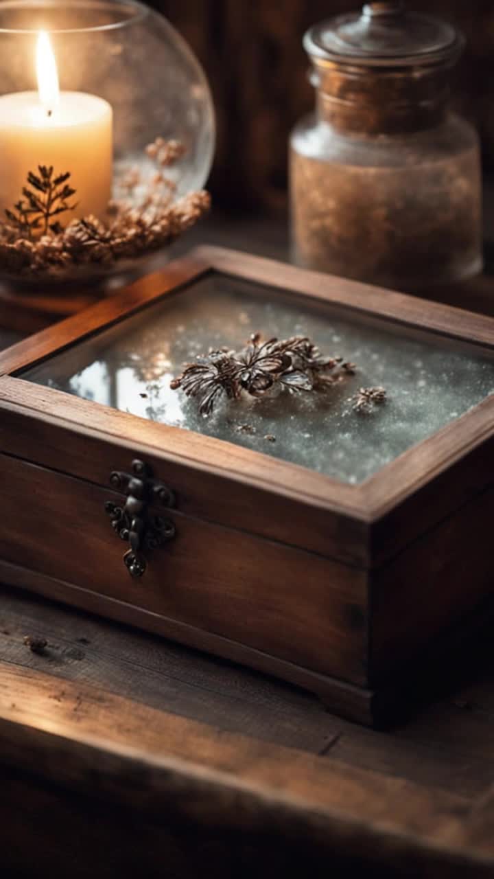 A decaying wooden table lit by dim candlelight Resting atop a faded velvet cushion in an old glass keepsake box, a delicate curl of auburn hair is preserveddry and fragile, yet hauntingly intact The glass is fogged with age and grief Around it, dust swirls in slanted moonlight from a cracked window The air feels reverent, sorrowful Beside the box lies a forgotten locket, halfopen, and a pressed violet flower, nearly turned to ash The scene whispers of love lost long ago but never truly let go Gothic, tragic, and sacred