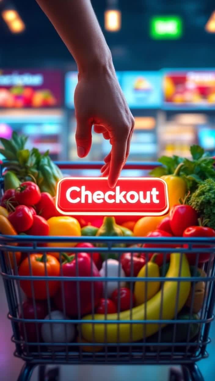 Vibrant shopping cart filled with colorful items Iconic hand hovering over a shiny button ready to click Dynamic digital storefront with animated banners showcasing exciting deals and fresh arrivals