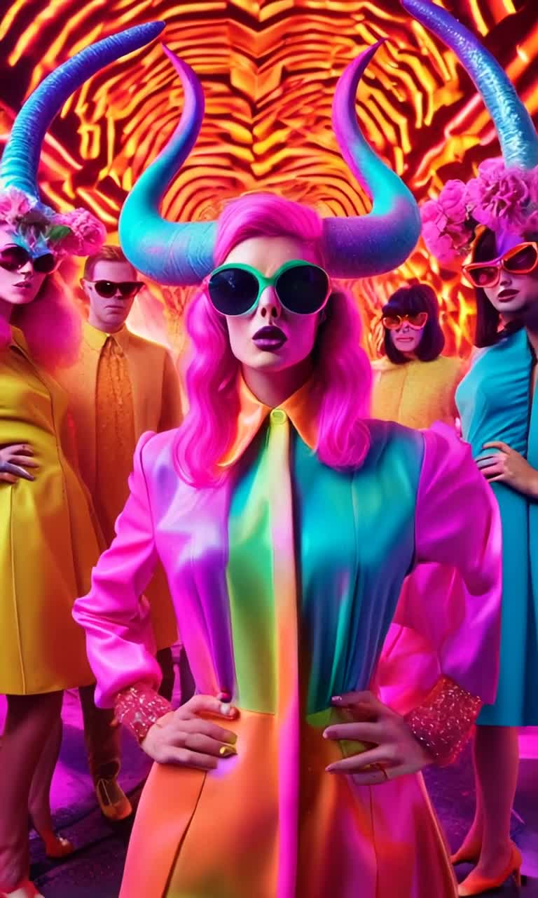 Demonic creatures with elongated snouts twisted horns flickering tails exuding grotesque charm Four playful contestants lounge energetically across a spectrum of vibrant squares flipping mod 1960s apparel striking flamboyant poses Brightly colored retro set adorned with oversized pastel flowers shimmering with golden accents neon lights flashing whimsically creating a psychedelic chaotic atmosphere Laughter erupts like fireworks from an enthusiastic audience plush seats brimming with delighted spectators craving delightful mayhem