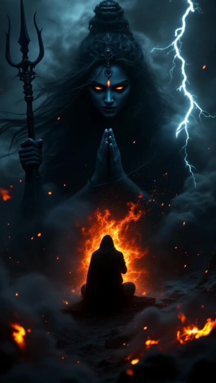 Devotee shrouded in shadows, eyes filled with despair, surrounded by swirling dark smoke, slowly folding hands in prayer Intense plea for protection echoes in silence Darkness thickens, tension rises Lightning bursts through gloom, illuminating fierce form of Mother Kaalratri with deep black complexion and fiery eyes She emerges with fierce grace, powerful aura radiating, trident and sword ablaze, earth trembling beneath each step Negative forces shatter with each strike, smoke disperses, dynamic lighting and action swirl around her Devotee awakens to newfound clarity, light enveloping him as Kaalratri blesses, a divine embrace of strength and affection1 views  Sep 24, 2025KKripashankar MishraDevotee shrouded in shadows, eyes filled with despair, surrounded by swirling dark smoke, slowly folding hands in prayer Intense plea for protection echoes in silence Darkness thickens, tension rises Lightning bursts through gloom, illuminating fierce form of Mother Kaalratri with deep black complexion and fiery eyes She emerges with fierce grace, powerful aura radiating, trident and sword ablaze, earth trembling beneath each step Negative forces shatter with each strike, smoke disperses, dynamic lighting and action swirl around her Devotee awakens to newfound clarity, light enveloping him as Kaalratri blesses, a divine embrace of strength and affectionFPS8Resolution916Model stylePhotorealismModel generatorKlingTypeText to clipCreate500K