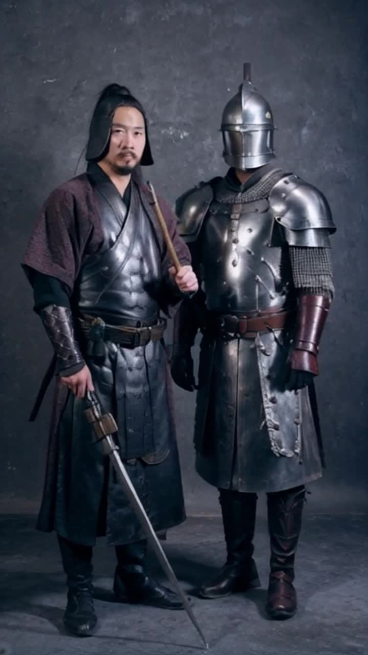 A Samurai Warrior and an armored English Knight raise their weapons in salute to one another, Kintsugi