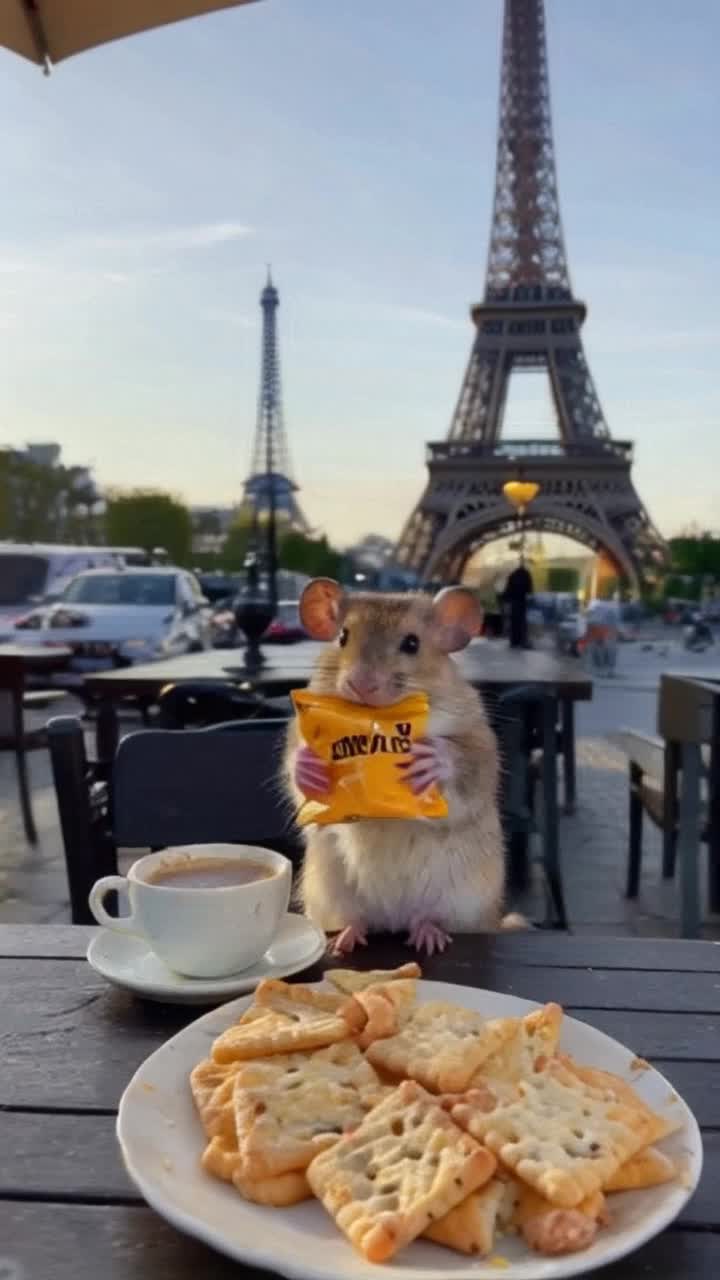 A cute little mouse , sits at a table with a tiny cup of coffee before him at mouse outdoor cafe The mouse holds a mouse sized packet of orange colored cheese crackers and holds up a tiny can of cheese spray, quickly opens the crackers to stay cheese and eat as a waiter mouse approaches holding a tray with a real wheel of cheddar and fresh bakery crackers The waiter mouse puts his nose up in snooty offence as he sets the tray down on the table and walks oddly away Maybe theres a mime mouse playing an invisible accordion and the Eiffel tower is far in the distance, sunny morning