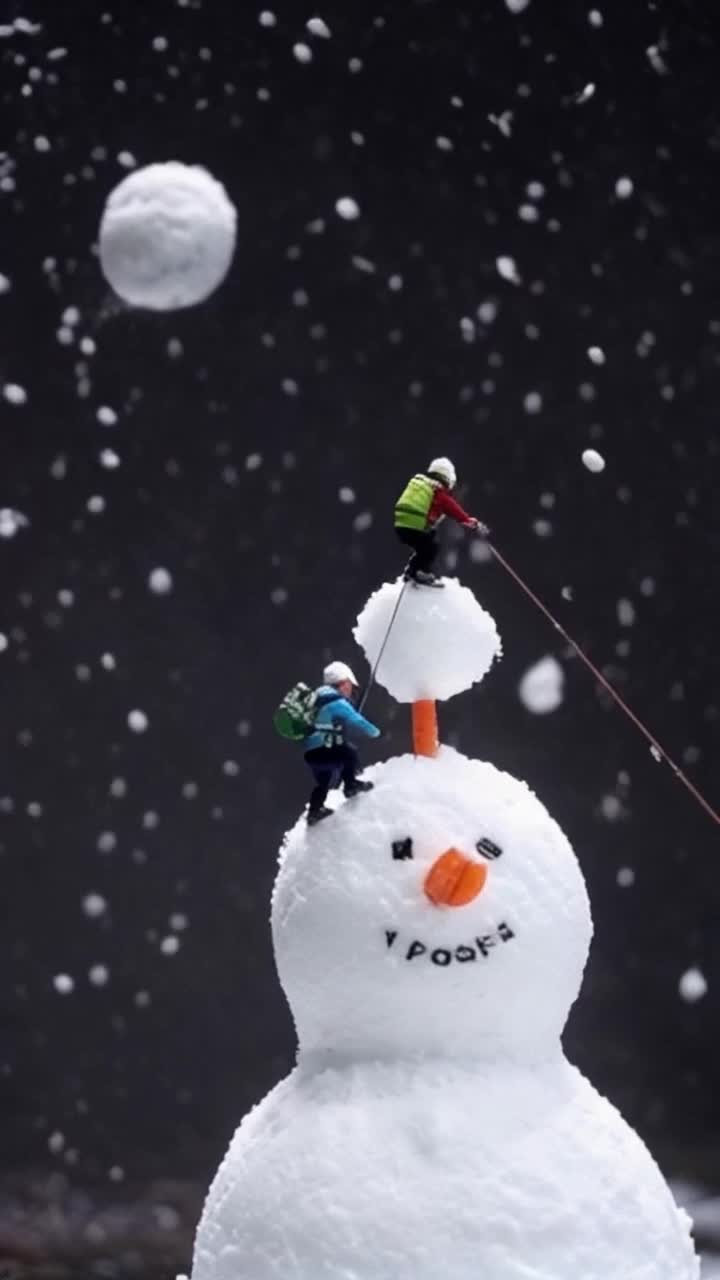 In graphic novel format, a  small group of  three centimeters tall tiny men dressed for heavy winter, horizontally mountain hike up a snowman, climbing onto a carrot nose on the face of a snowman head, it is snowing with snowflakes too large, a snowflake seems oddly oversized and knocks the last guy off,  his rope connecting him to the front two hikers is immediately snipped with a quick tug on a loose knot, the first two hikers shrug at each other, smile and move on