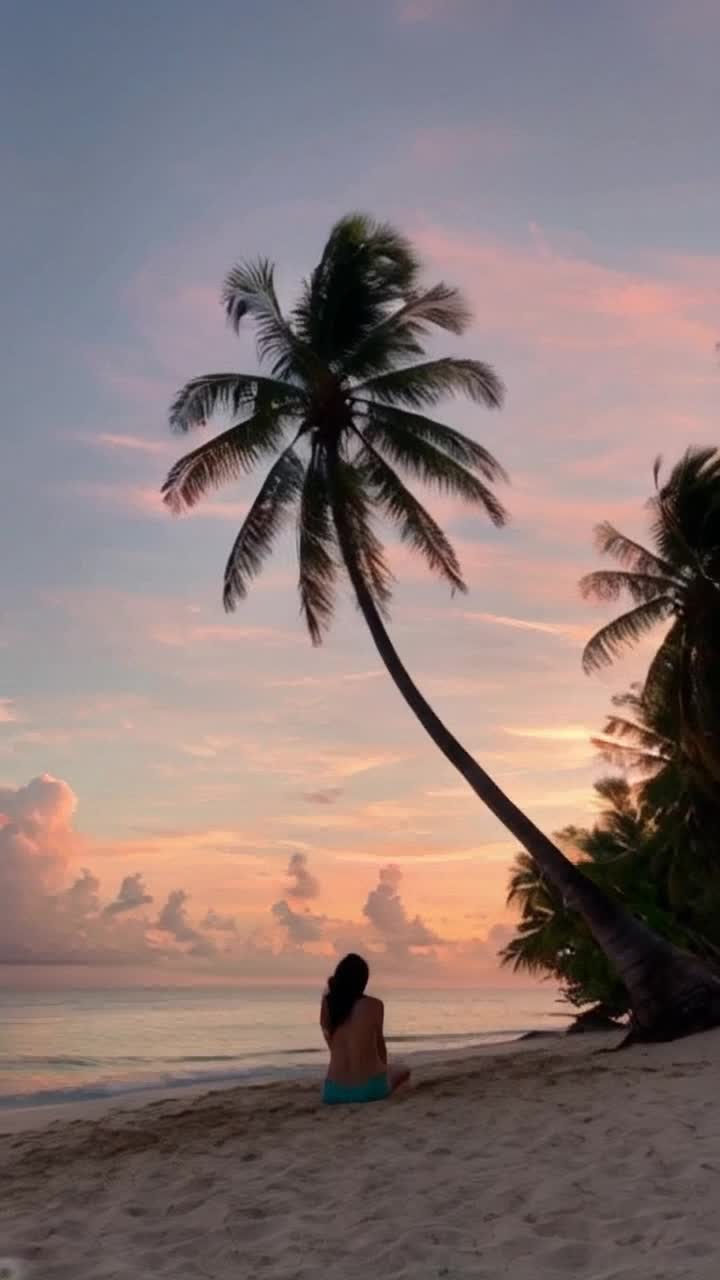 Sitting on the beach of the tropical island, you are sitting on the sand, and there is a long palm tree gently blowing in the breeze   It is at sunset, at golden hour and the sky has a few cirrus clouds and it is a stunning orage glow