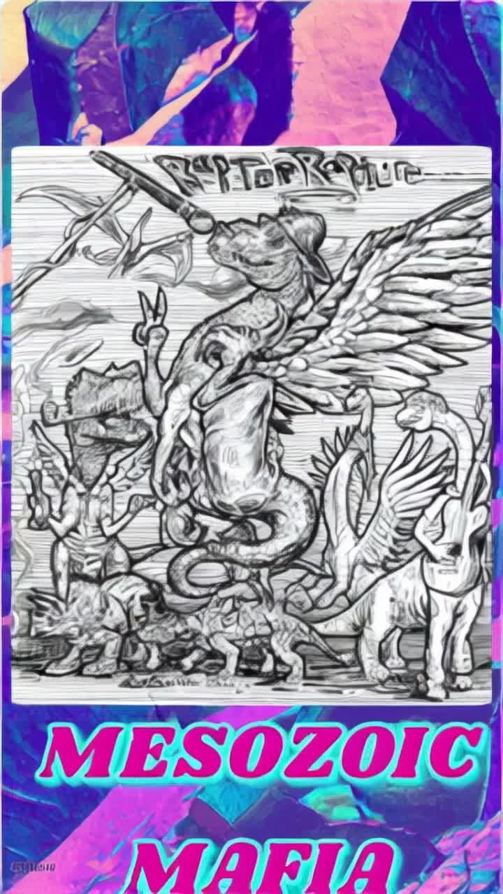 Whimsical dinosaur rap group featuring a TRex spitting bars alongside a Velociraptor bobbing its head and a Triceratops laying down beats Sharing clouds of vibrant tree smoke exhaled from colorful glass instruments in sync with catchy rhythms A retro black and white animated stage adorned with oversized prehistoric plants flickering lights creating a lively atmosphere filled with laughter and playful energy