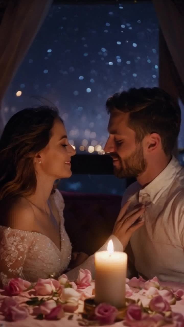 Intimate couple sharing a tender kiss surrounded by soft glowing candlelight delicate rose petals scattered on a plush velvet surface whispering winds caressing their skin soft music playing in the background stars twinkling like diamonds through a nearby window filling the room with a romantic atmosphere