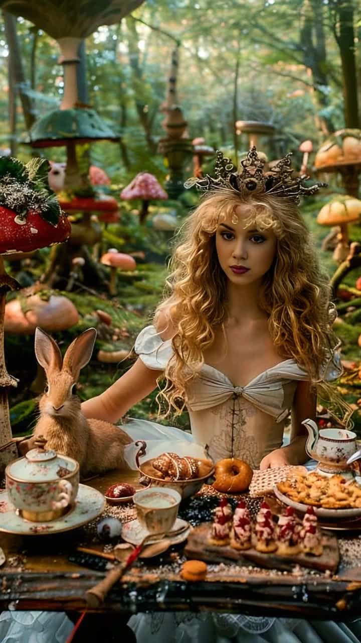 Elegant Alice wearing a whimsical blue dress adorned with lace sits atop a giant colorful mushroom alongside a fluffy white bunny with twinkling eyes preparing for a delightful brunch buffet laid out on a whimsical tablecloth Action as she delicately pours steaming tea into whimsical cups, laughter echoing through the enchanted woods Background vibrant flowers bloom in hues of pink and purple while sunlight filters through towering trees creating a kaleidoscope of colors illuminating the magical forest with a sense of wonder