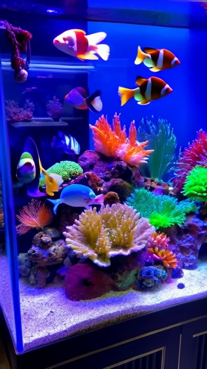 A giant aquarium Saltwater tank full of vibrant colorful plant life and coral  A variety of salt water fishes  Ocellaris ClownfishRoyal GrammaFlame AngelfishYellow TangBlue Green ChromisSix Line WrasseCoral Beauty AngelfishMandarinfishLongnose HawkfishBanggai CardinalfishPajama CardinalfishPurple DottybackBlue TangGreen ChromisYellow Coris Wrasse   The tank has a pirate theme decor  Vivid hD realistic, out of this world, colorful, meamerozing
