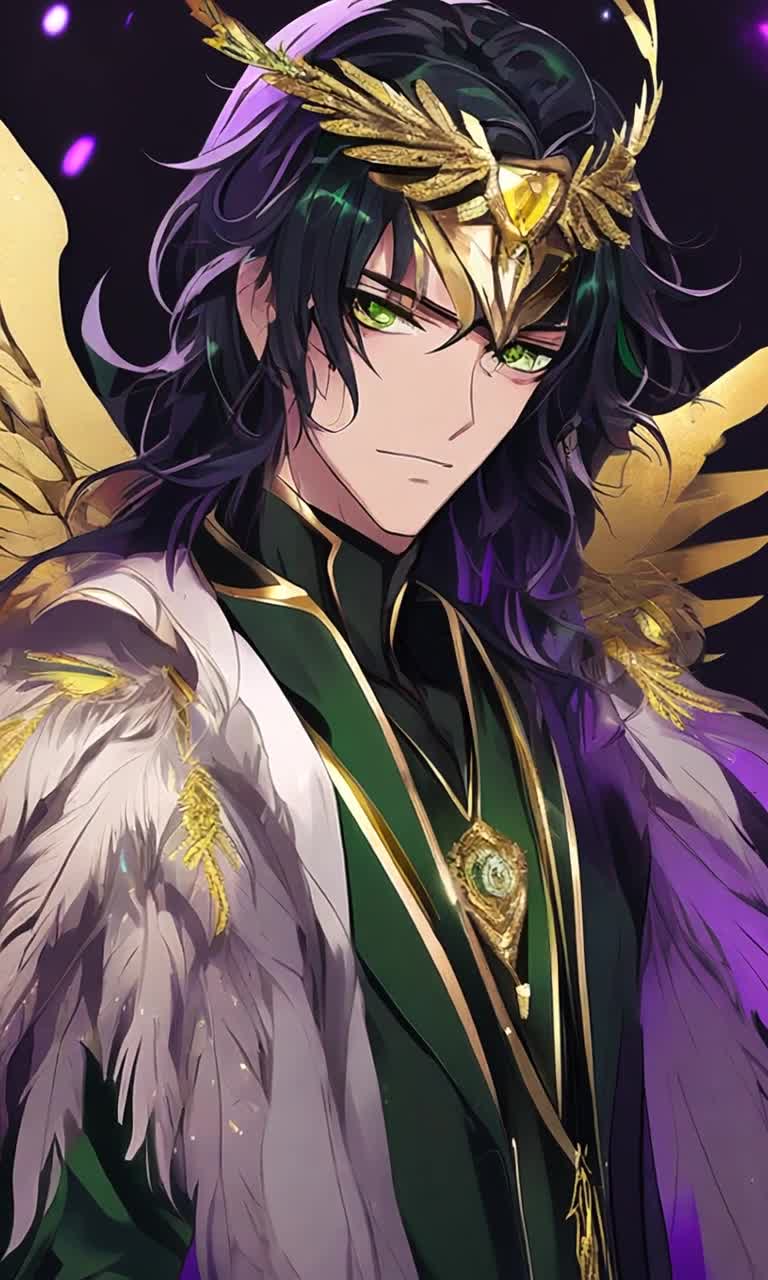 Male fallen angel with striking hazel eyes shimmering between green and gold long black hair styled impeccably confident stance draped in a lavish outfit of dark purple green and violet adorned with intricate gold feather details Majestic black wings adorned with flecks of gold radiating a unique allure exuding an enchanting aura rich in mystery and elegance captivating charm animated in a vibrant 2D style reminiscent of Hazbin Hotel background filled with ethereal clouds glowing softly in hues of twilight illuminating the scene creating a surreal heavenly atmosphere enhancing the angels exquisite presence