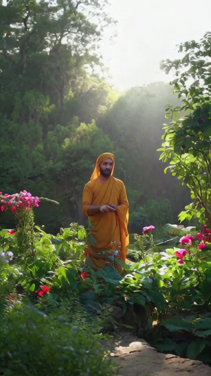 Baba Ramdev with flowing robes and serene expression surrounded by herbal plants vibrant green leaves and colorful flowers demonstrating ancient Ayurvedic techniques revealing mystical mantras infused with energy practicing sacred rituals in a tranquil, sunlit forest glade with soft rays filtering through trees creating an enchanting atmosphere showcasing the harmony of nature and healing arts