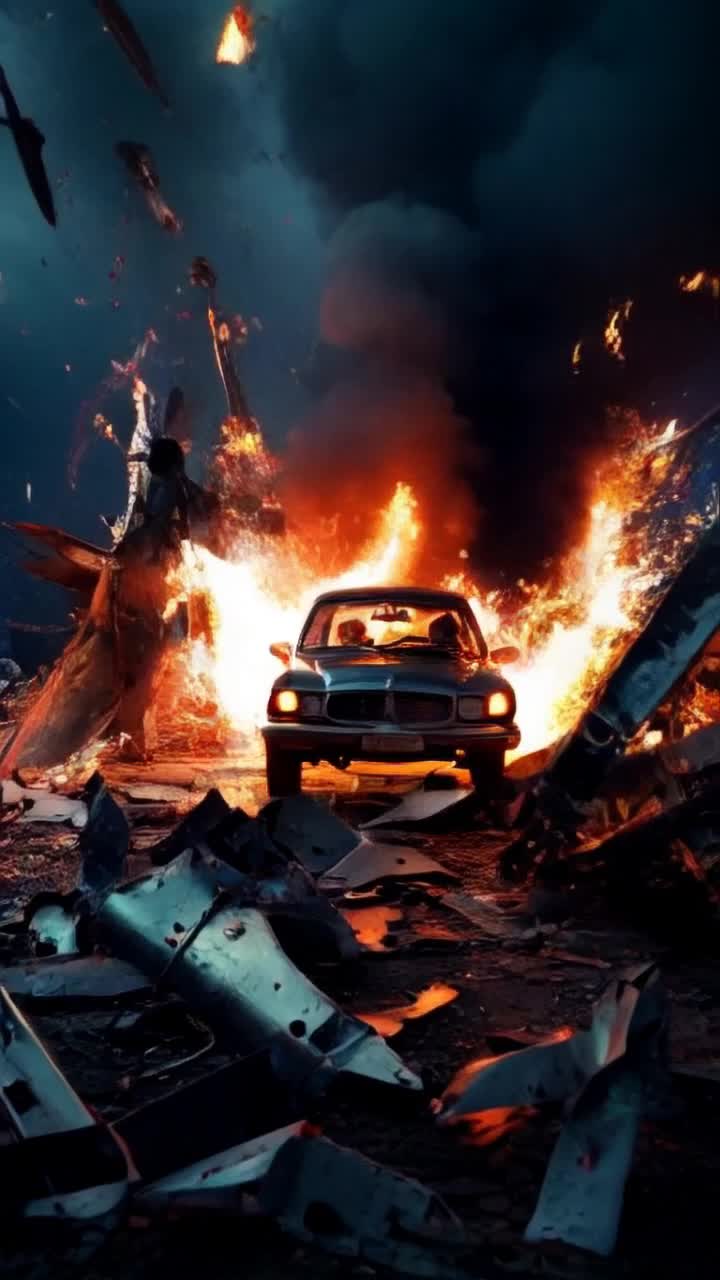 Vintage Ford Pinto ablaze with fiery infernos surrounding shattered metal debris spiraling through night sky chaos engulfing scene horror etched on onlookers faces as they flee in terror darkness illuminated by fiery explosions smoke billowing into the atmosphere as shards of glass rain down ground charred remnants behind witness to destruction emotional cacophony of gasps and screams echoing amidst devastation vivid flashes of orange and red coloring the landscape surreal aftermath of tragedy thick smoke mixing with adrenalinefilled fear