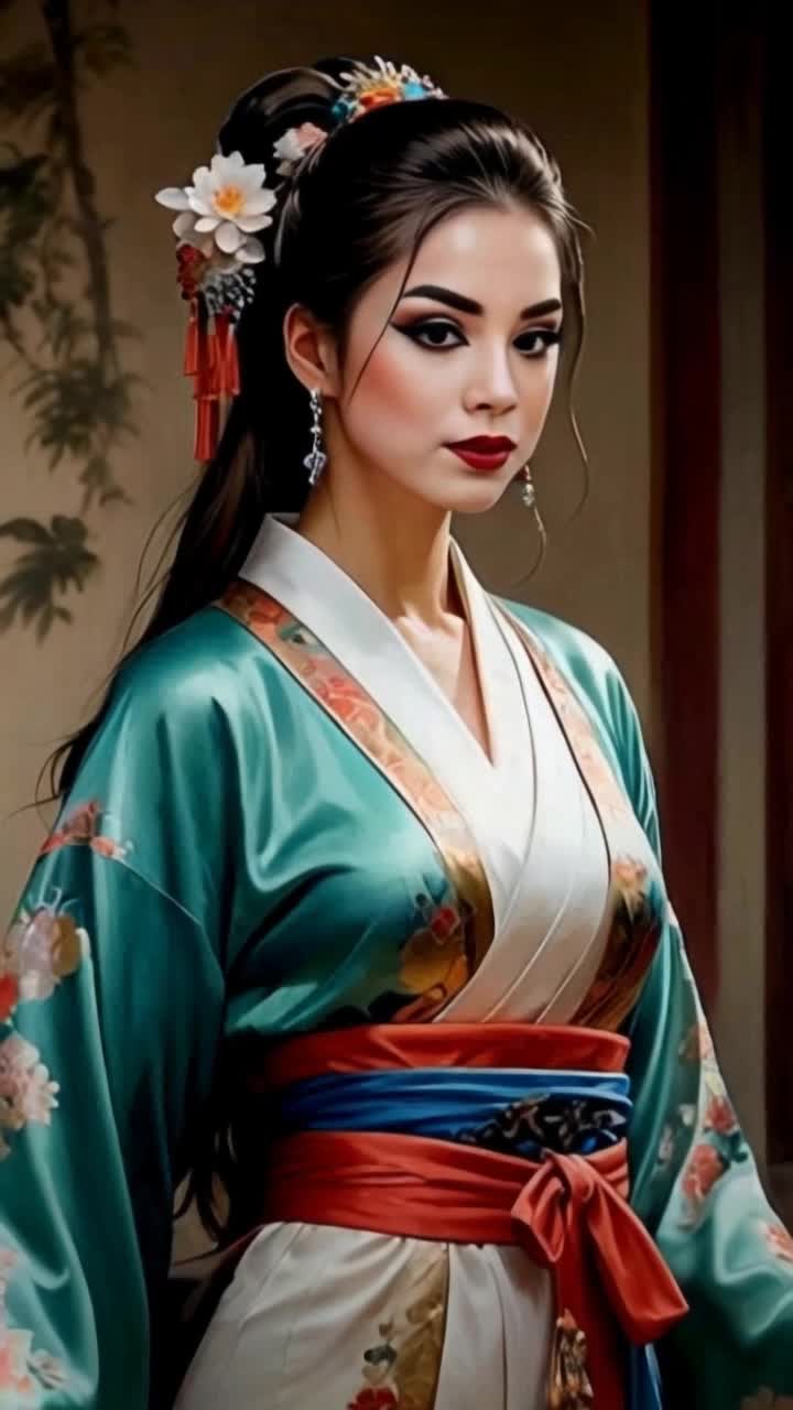 Elegant woman adorned in a delicate silk kimono embellished with intricate floral patterns Gracefully gliding across a serene Zen garden surrounded by lush greenery soft cherry blossom petals falling gently around her