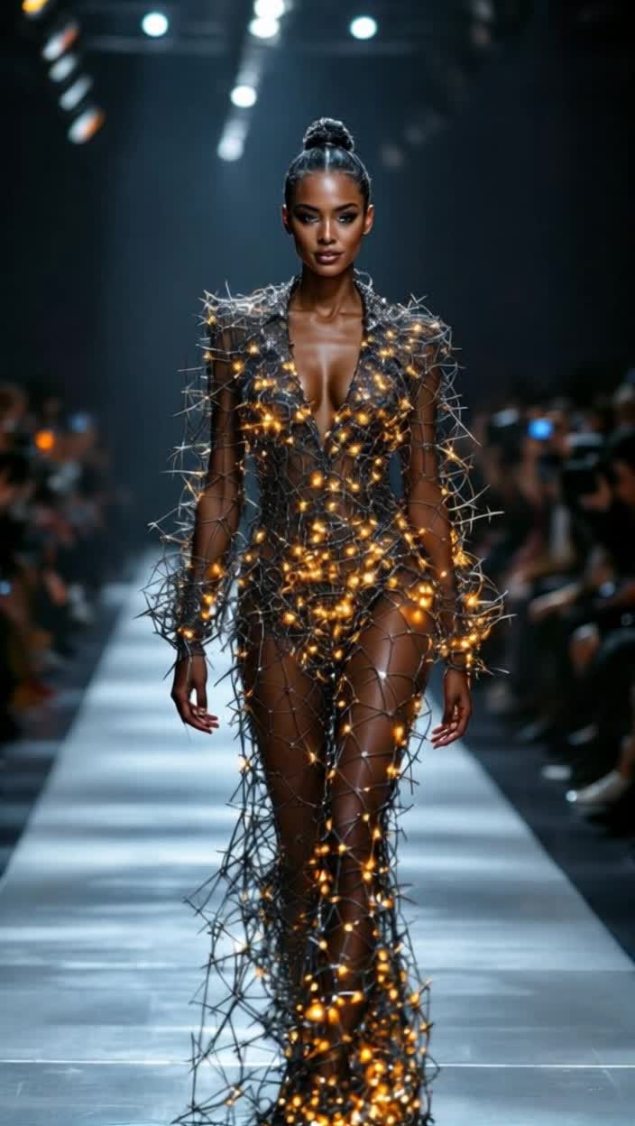 STUNNINGLY extravagant woman is wearing an intricately detailed suit made of woven razor wire and she is walking down the fashion runway smiling proudly