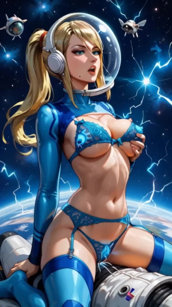 a beautiful woman sitting on a satellite getting electrocuted sparks and lightning jolting around her body as she twitches and bounces her jiggling chest 