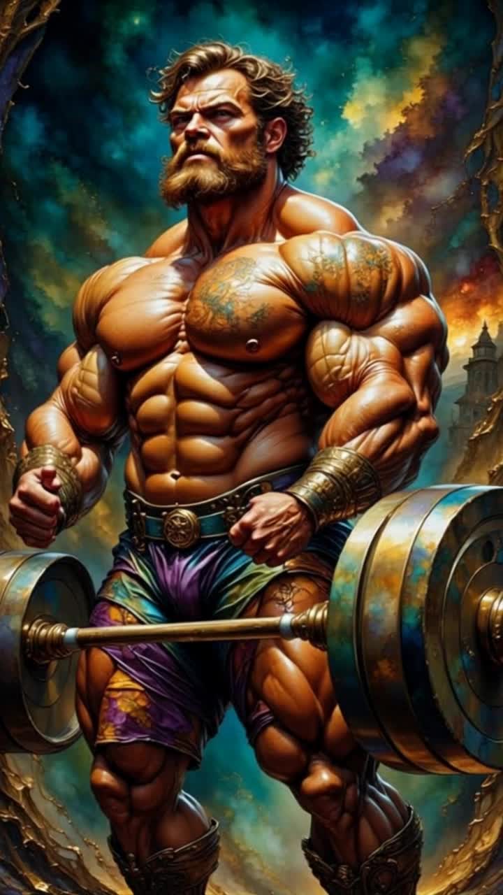 Muscled strongman with fierce determination grips a heavy barbell with calloused hands Straining against immense weight heaving it above his head veins bulging under pressure Frantic energy surrounds him in a bustling gym filled with cheering spectators bright lights illuminating sweat glistening on his brow steel plates clanking in the background roaring encouragement echoing off the walls adrenaline pulsing in the air as he pushes his limits