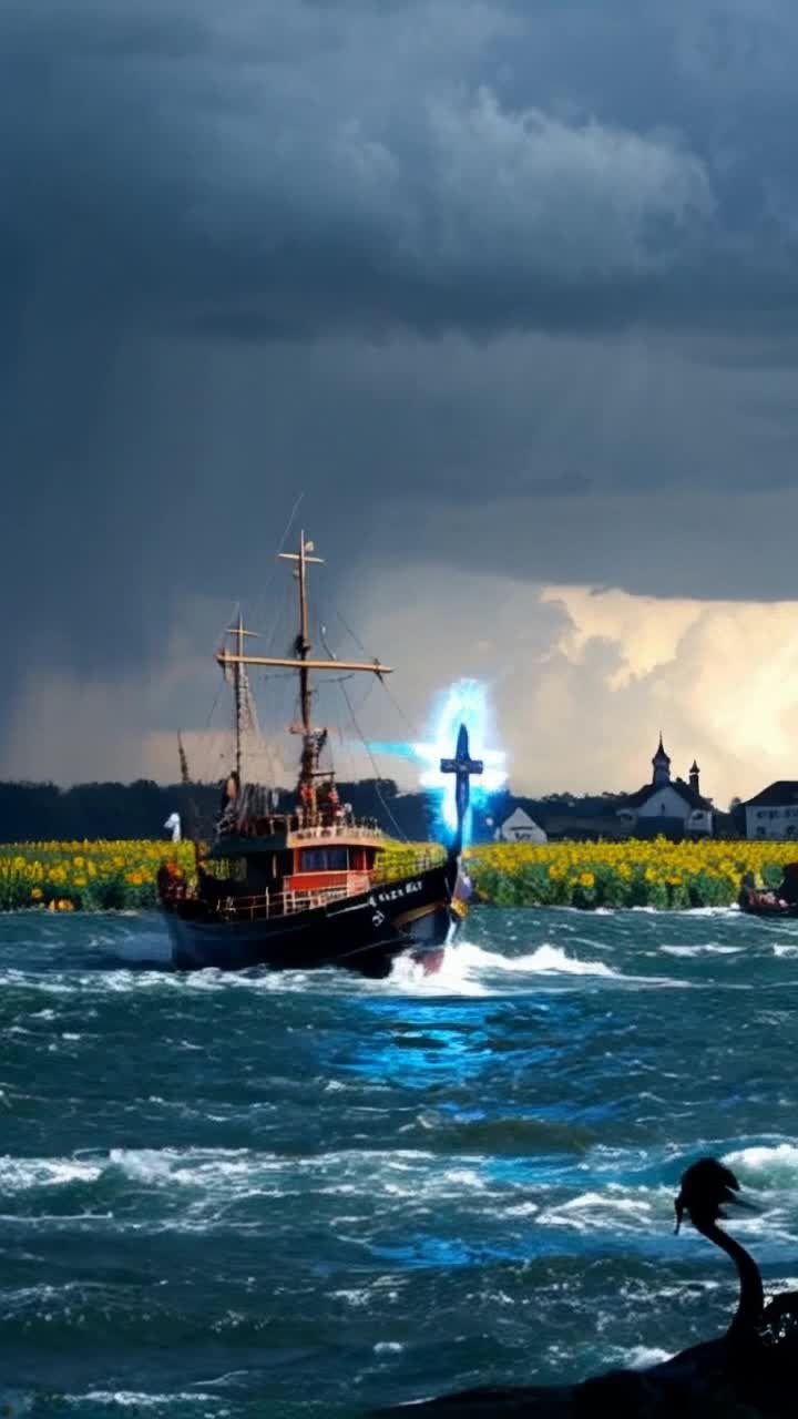 Ancient lightweight warship chayka adorned with vibrant colors sails through chaotic stormy sea as mighty waves crash against its hull Cossack hero Kotyhoroshko stands at the helm wielding a glowing magical mace radiating strength Majestic field of sunflowers stretches to the horizon framing this fierce scene with delicate silhouettes of Ukrainian houses and a church standing resolute against chaos Above fluttering stork glides gracefully scattering sparkling light across turbulent skies painted in blue and yellow Shadows of dark army led by grotesque HerodPutin lurk ominously behind