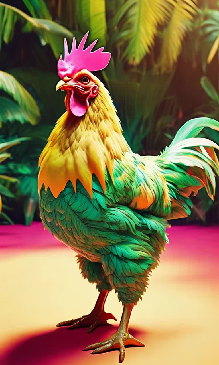 Colorful animated chicken wearing sunglasses dances joyfully strutting to upbeat music Tropical banana trees sway with rhythm bright sunshine filtering through lush green leaves Fun pop art style graphics flash around creating a vibrant party atmosphere