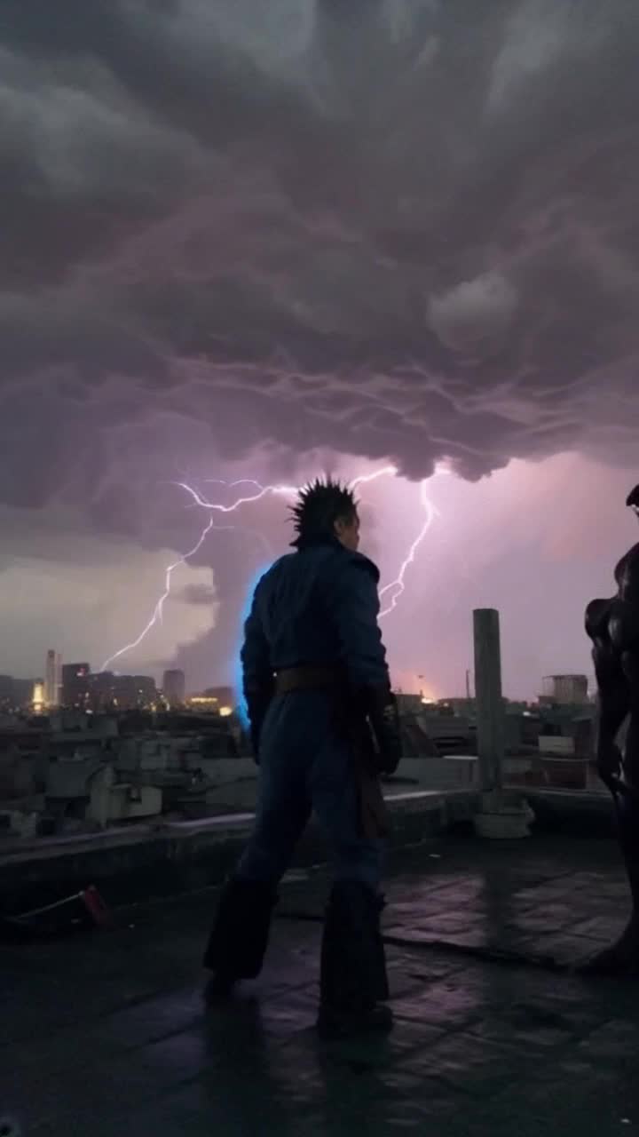 Spiritual Jedi ninja with spiky hair radiating vibrant atomic blue energy crouching atop a crumbling rooftop gazing intently at a sinister ruling demon Heart pounding with anticipation Creating an atmosphere filled with tense energy under a stormy sky dark clouds swirling overhead as flashes of lightning illuminate the scene revealing jagged city skyline in disarray haunting echoes of distant chaos filling the air