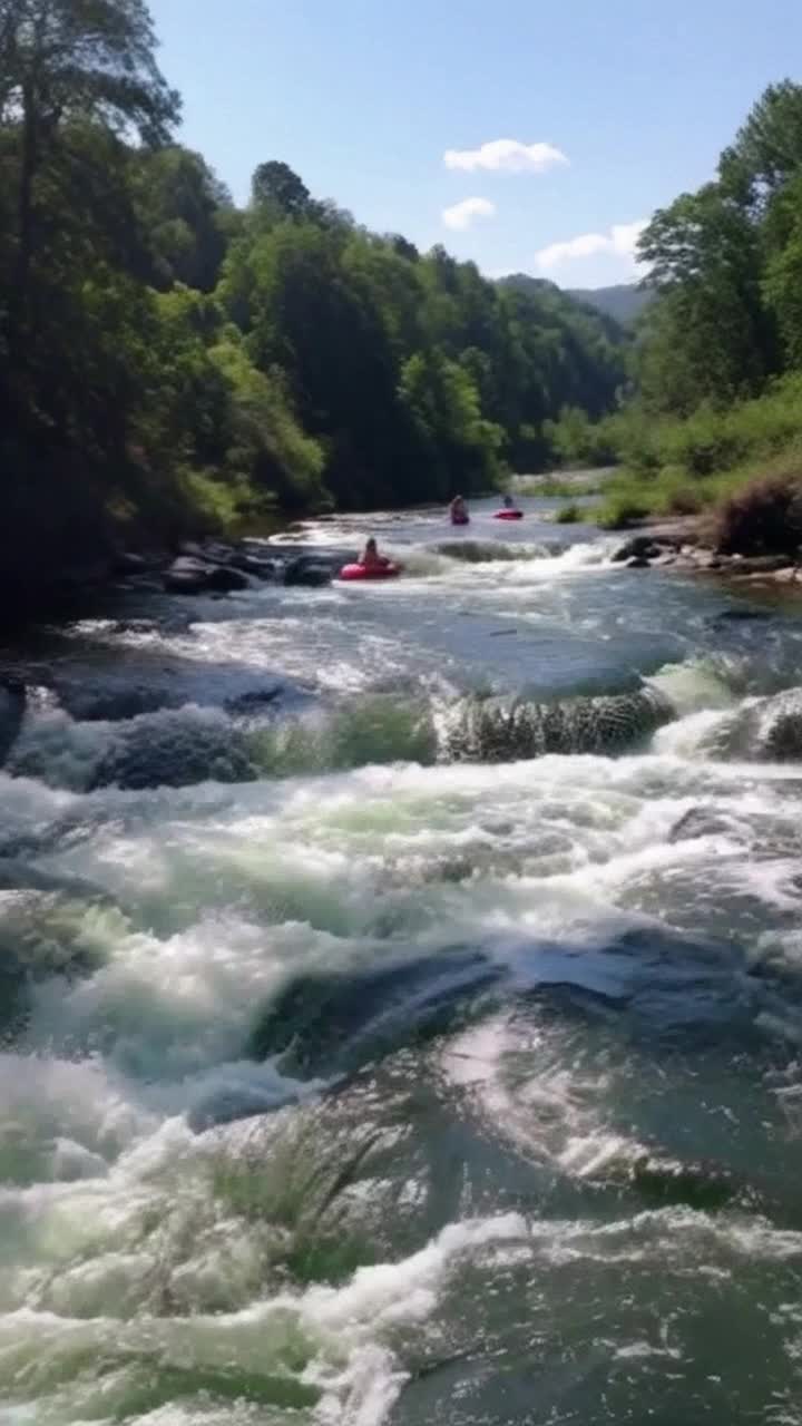 A lively group of friends splashing joyfully on vibrant innertubes cascading down a rushing river filled with frothy whitewater surges Laughter echoes through the air as they steer through swirling rapids and playful whirlpools Sunlight dances off the waters surface reflecting bright hues of blue and green amidst lush greenery lining the riverbanks Towering trees sway gently in a soft breeze creating a serene contrast to the exhilaration of their adventure Stray rays of sunlight filter through the canopy casting dappled patterns on smiling faces as they navigate the thrilling twists and bends of the rushing current