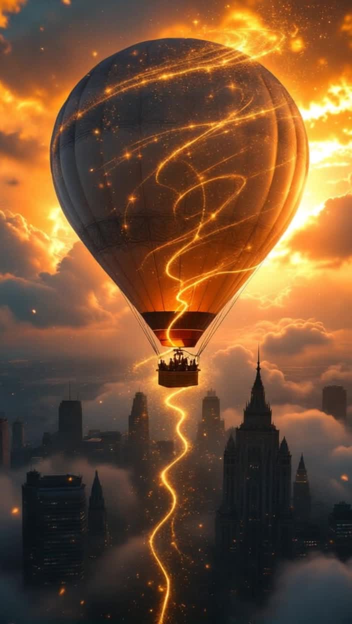 Hot Air Balloon Over New York Detailed 3D animation, photorealistic rendering Hot Air Balloon Over New York A hot air balloon soars over the iconic city, extremely detailed, majestic, with sharp, contours, Golden brown sun, with thick, powerful white clouds like a mane, glowing with intense golden amber light A dynamic, swirling vortex of fine golden glow constantly circulates around, rising from below and creating a sense of ancient power and movement Below, the rooftops of New York skyscrapers, visible separately Small, shimmering dust particles float in the air, catching the light and adding to the mystical atmosphere Dramatic, cinematic lighting with bright highlights on the rooftops of skyscrapers and deep, rich shadows that emphasize depth and shape Warm golden hour tones mixed with cool, mystical blues and purples of the surrounding dust and balloon The overall atmosphere is one of ancient power, mysticism and divine authority Camera movement Shot at eye level, slightly wide angle to capture the balloon in all its grandeur, emphasizing the interaction and dynamic environment Style Hyperrealistic, majestic, mystical, cinematic Meditation music Expect magic and sorcery