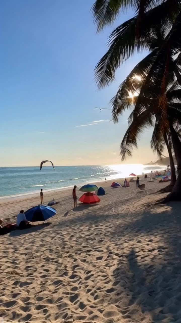 Golden sunbeams dance upon shimmering waves of a tranquil beach with vibrant beach umbrellas dotting the shoreline Parasolhatted families play joyfully, children digging in warm sand as seagulls glide overhead Refreshing ocean breeze carries laughter through the air while palm trees sway gently against a cerulean sky Eclxploring all the beautiful rocks 