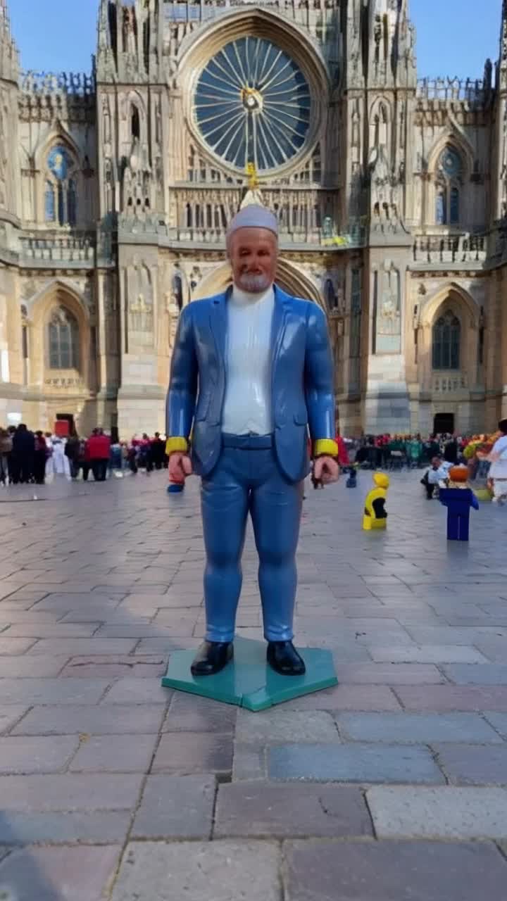 The pope is a Mattel action figure with bendable arms and legs Many small LEGO characters are running around the Pope they are at the Cathedral in vatican city  the people are happy