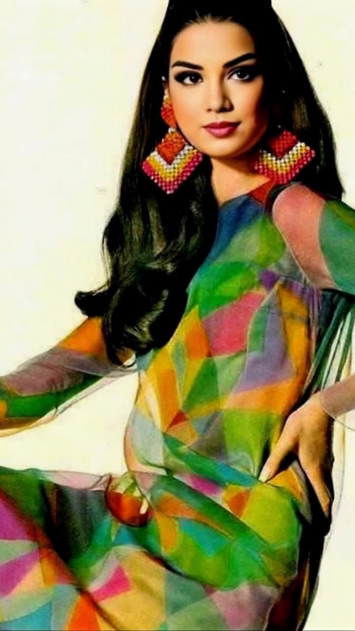 Radiant graceful 60s woman adorned in flowing colorful fabrics strides confidently down vibrant HaightAshbury street alive with swirling tiedye murals and blooming wildflowers sunlit atmosphere filled with cheerful laughter and melodic tunes wafting from nearby cafs vintage Volkswagen buses parked alongside reminiscent of a freespirited era vibrant crowd mingling in joyous celebration of peace and love