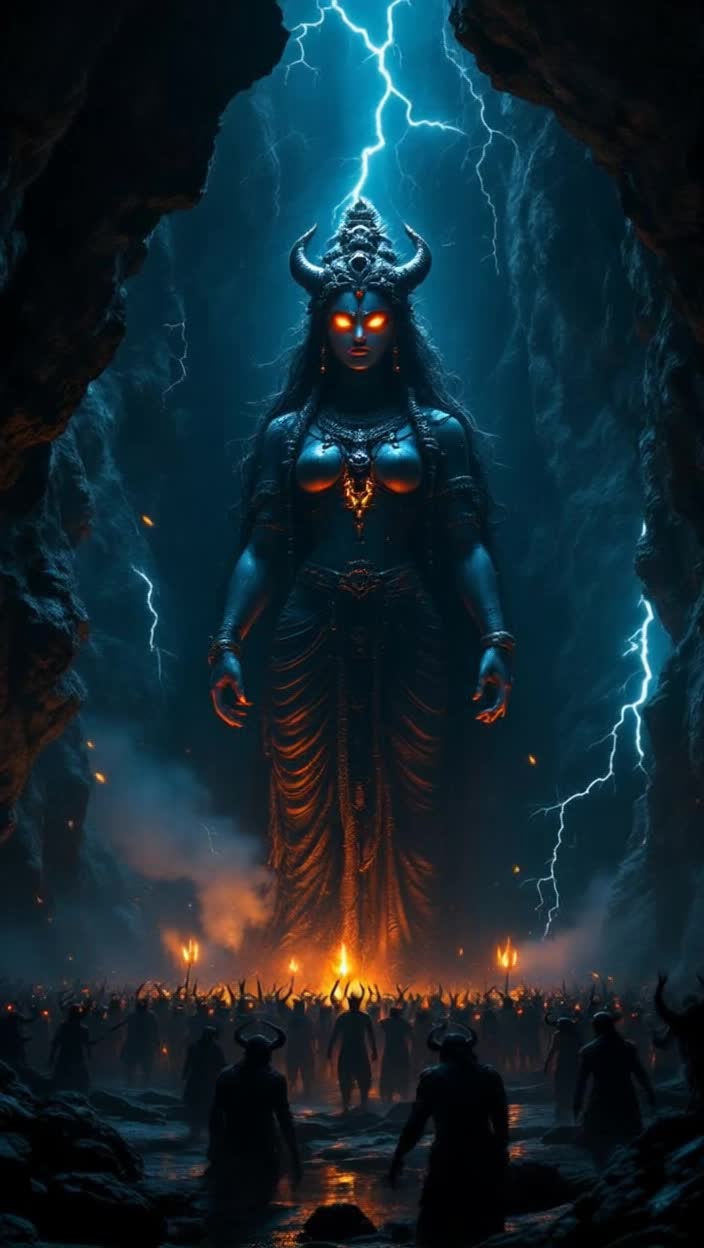 Dark cave illuminated by flickering lightning Terrifying yet serene statue of Maa Kaalratri stands tall Her glowing eyes radiate fiery intensity while her tranquil expression evokes calmness Chaotic thunder echoes outside a legion of menacing demons led by Raktabeej