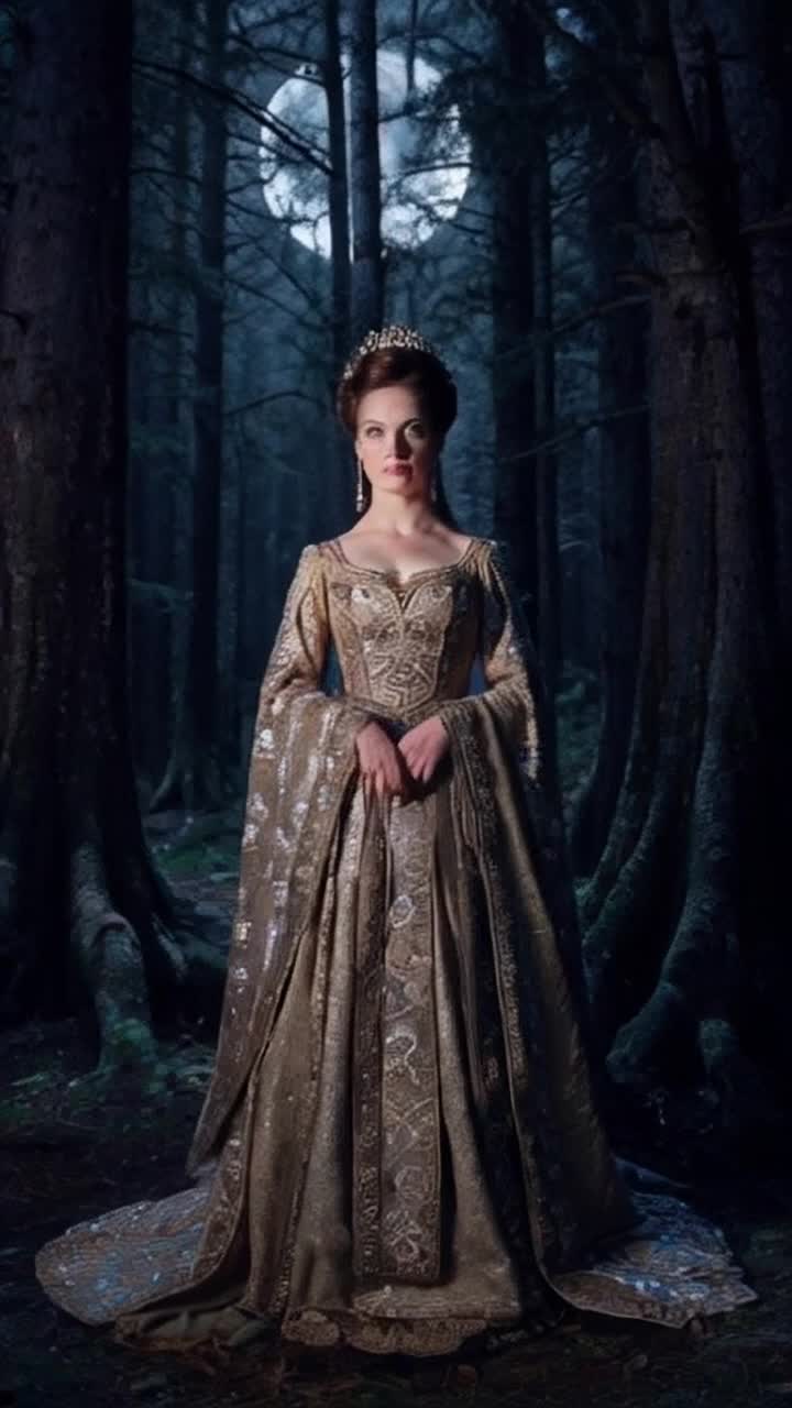 Regal queen adorned in intricate 1600s attire shimmering fabric flowing gracefully Tentacles unfurling from ornate gown undulating with mystique Dark enchanted forest illuminated by moonlight shadows dancing among ancient trees