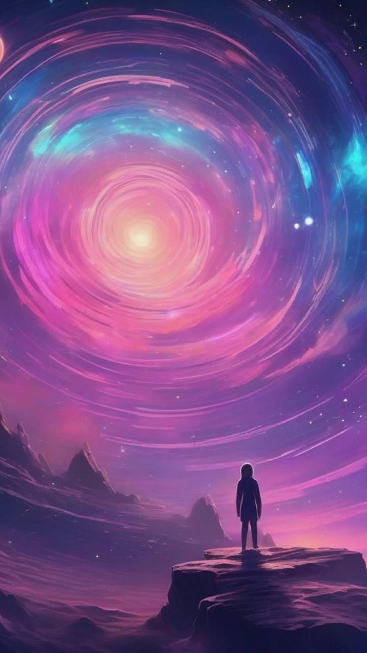 Vast swirling galaxy filled with shimmering stars and breathtaking planets Radiant hues of blues purples pinks dance across cosmic canvas Soft lofi beats create a tranquil atmosphere as celestial wonders float gracefully through dark expanse Ethereal clouds of stardust weave among vibrant planetary rings while distant nebulas pulse with color inviting viewers to drift in peaceful awe