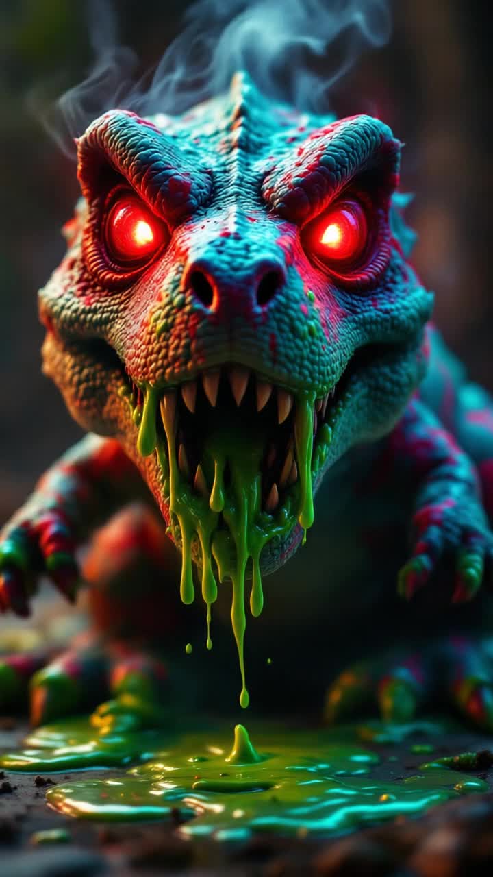 Plush dinosaur thats gone evil, glowing eyes, steam flowing from nostrils, green slime oozing from mouth, many colors, truly frightening and wrong, absolutely accursed and evil, malevolent, plus toy dinosaur come to life through demon possession, perfect looping endless looping, evil