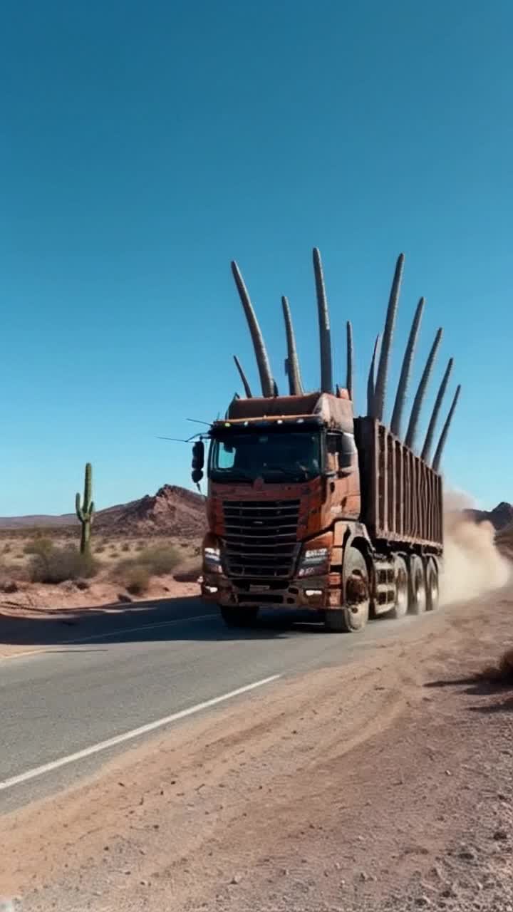 A colossal truck with 18 spindly spidery legs scuttles across barren desert highway glistening under scorching sun massive tires replaced by sleek segmented limbs unfurling gracefully with each powerful stride dust clouds billowing in its wake shadows dancing on parched earth as it rolls past sprawling cacti and jagged rock formations a surreal contrast of mechanical might against natures desolation rusted metallic surfaces glinting fiercely against azure sky as the monstrous creation commands the landscape with an otherworldly presence