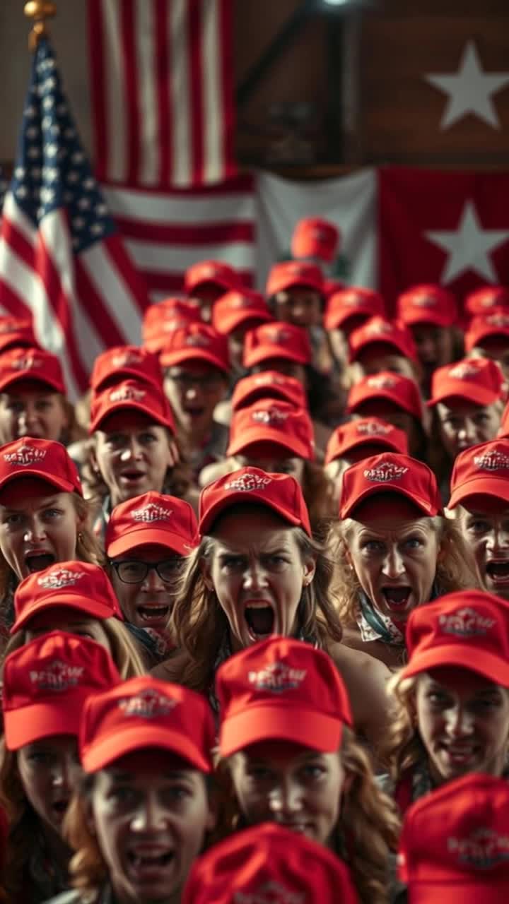 Frantic mass of trump maga red hat believers swirling with excitement torn between hope and anxiety faces upturned towards an ominous sky Hands raised grasping desperately at thin air Electric energy pulsates through the crowd as shouts of anticipation echo in the tense atmosphere Dark clouds roil overhead swirling ominously threatening thunder Rays of sunlight break through illuminating faces filled with fervor and trepidation Shadows dance on the ground as the tension mounts feeling both surreal and divine Array of colors  reflects diverse backgrounds yet united in this moment of imminent rapture yearning for transcendence into the heavens above,  but instead lightning just hits them all fries their brains