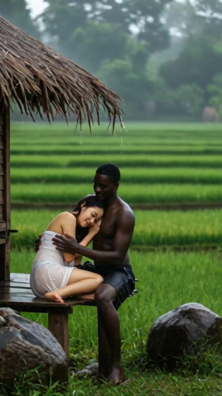 heavy rain, man massages woman gently