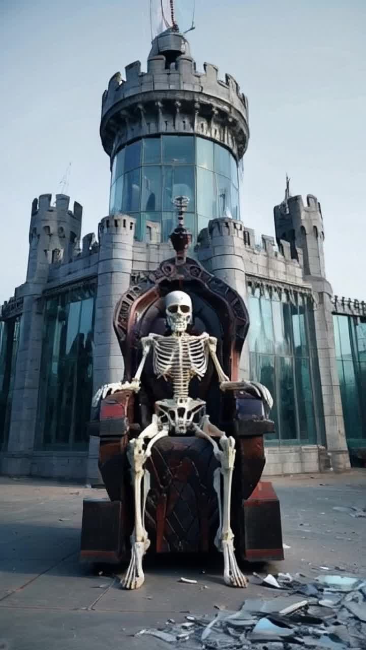 Massive castle made of glass shatters and collapses revealing within a human skeleton long decayed adorned with a kings crown sitting in a biomechanical throne of psywar 