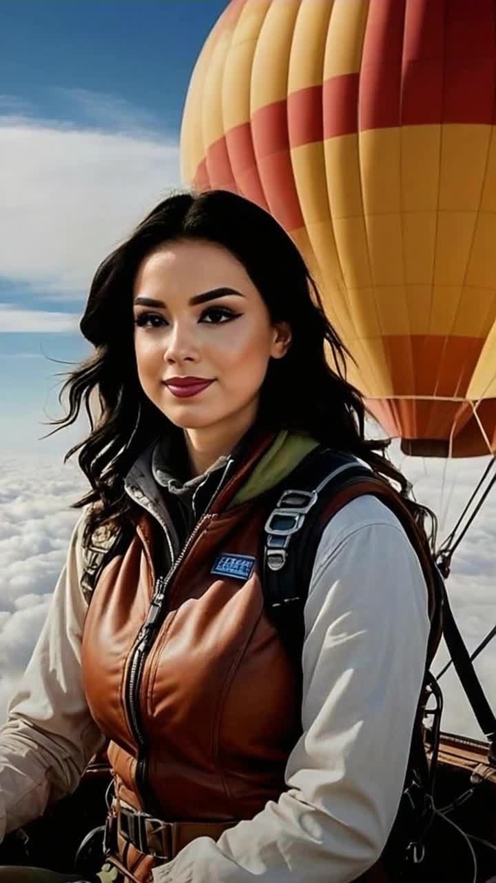 Graceful woman soaring high in a vibrant hot air balloon cart shimmering in sunlight gliding effortlessly above fluffy white clouds dancing like waves in an endless sky radiating soft blues and golden hues sparkling with the thrill of adventure gentle breeze tousling her hair as she steers with confidence open expanse of the heavens surrounding her inviting endless exploration and wonder whimsical journey in a dreamlike landscape filled with softs sun rays filtering through the cotton candy clouds enchanting view stretching for miles as daydreams take flight releasing worries below