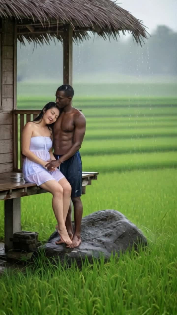 heavy rain, man hugs woman tightly romantically