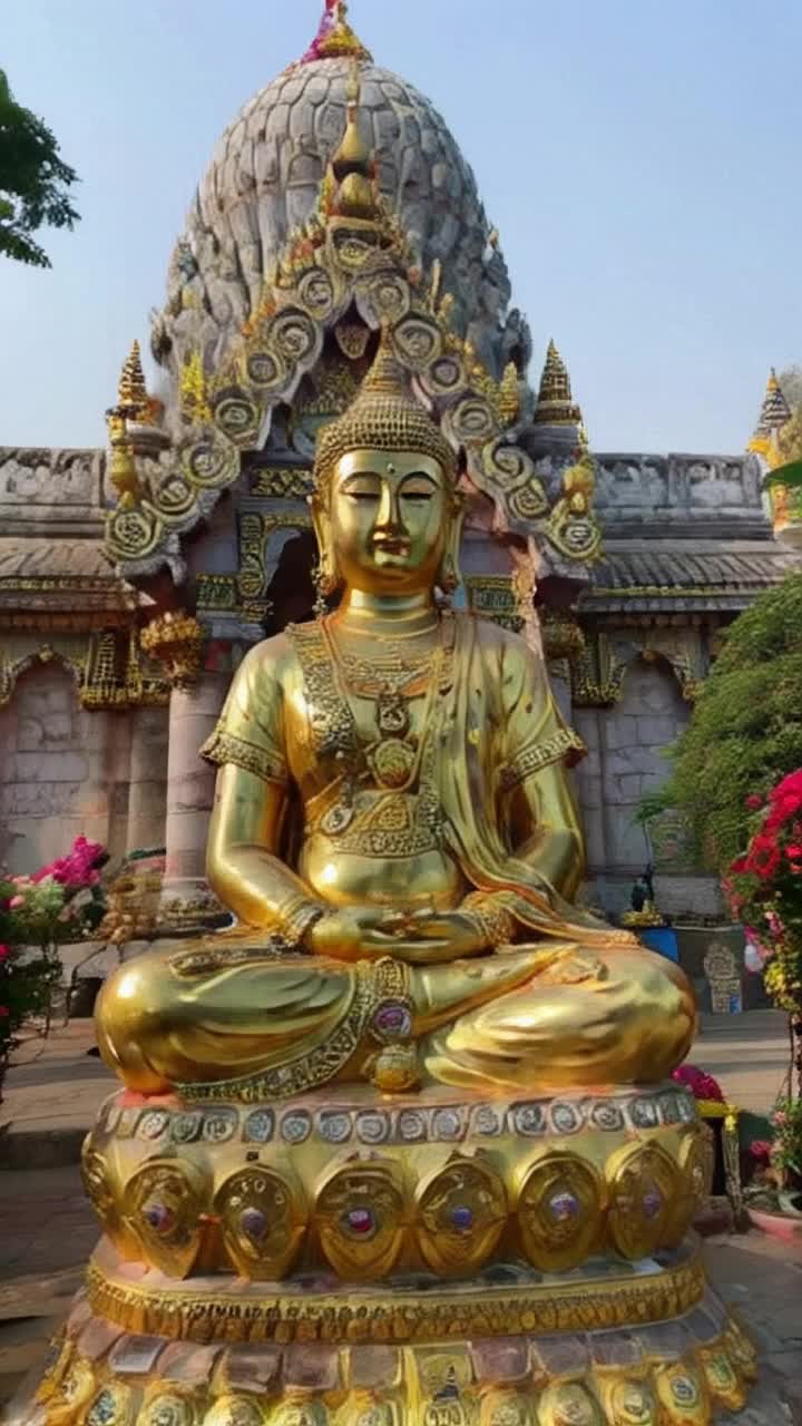 Elegant statue of Parshwanath seated in meditative pose radiating tranquility Exquisite gold leaf detailing shimmering in sunlight Surrounding lush greenery vibrant flowers creating serene atmosphere Majestic temple architecture towering in background ancient stone carvings telling stories of devotion Soft breeze rustling leaves enhancing peaceful ambiance as devotees pay homage and offer prayers