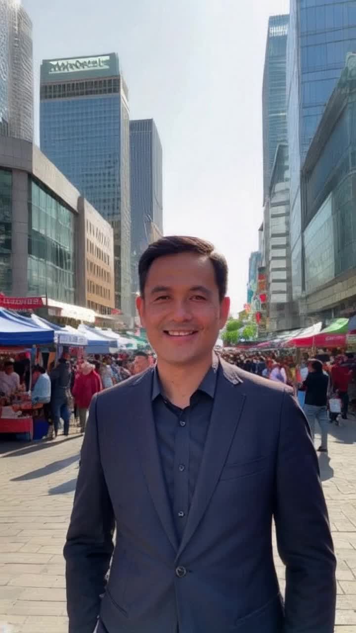 Vishal Kumar standing confidently in a vibrant city center radiating charisma surrounded by bustling crowds and colorful market stalls as sunlight glints off glass skyscrapers showcasing urban energy while a gentle breeze rustles nearby trees highlighting lively interactions and spontaneous laughter in the air