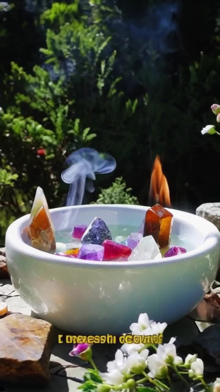 Vibrant colorful crystals shimmering in sunlight five unique rituals enticingly showcased swift transitions between each ritual cleansing smoke rising from burning palo santo and sage setting intentions with beautifully arranged crystals delicate flowers blooming a magical atmosphere refreshing purifying bath with floating petals immersing in nature surrounded by lush greenery voiceover speaking about Vesta engaging text overlay in Spanish highlighting key points compelling call to action inviting viewers to explore link in bio