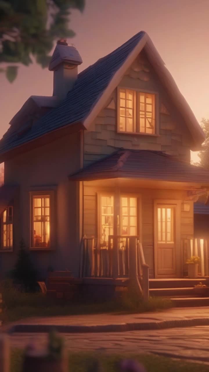 A cozy small house at dusk on the edge of a quiet town, warm golden lights from windows, gentle breeze rustling trees, slow dollyin camera movement, Disney 3D animated style, dreamy and serene atmosphere, soft ambient lighting, volumetric lighting, highresolution render, detailed textures, vibrant color palette, enchanting background details