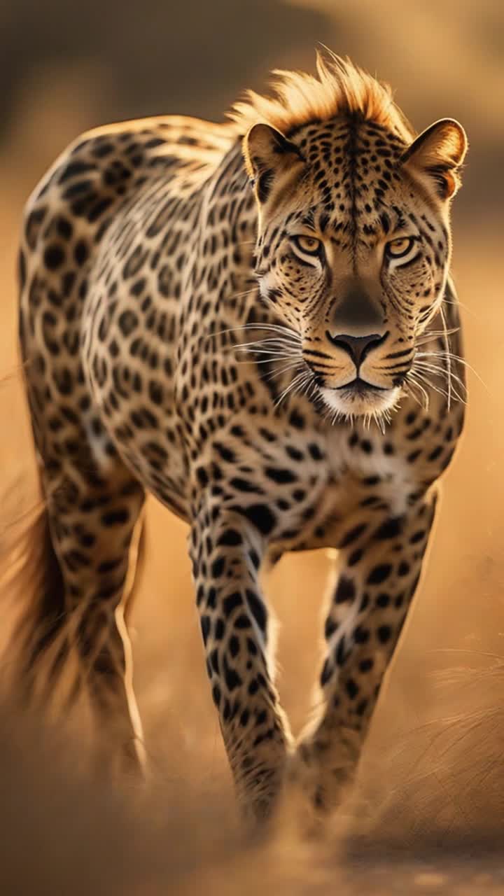 Majestic creature with a sleek leopard body adorned in vibrant spots paired with a striking stallion head featuring a flowing mane Gracefully prowls through a sundrenched savannah exuding power and elegance Tall grass sways gently in golden light while distant acacia trees provide a stunning backdrop