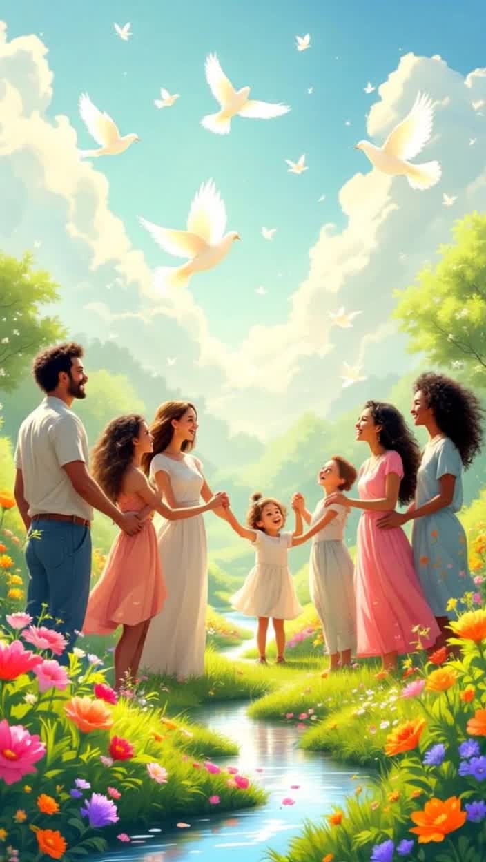 Diverse group of people united holding hands in harmony glowing smiles radiating hope gentle laughter echoing through the air bright doves soaring overhead amidst vibrant sunlit skies lush green meadows framing a tranquil landscape colorful flowers blooming all around serene river flowing peacefully reflecting togetherness in its waters enchanting music playing softly captivating hearts creating a tapestry of unity and love