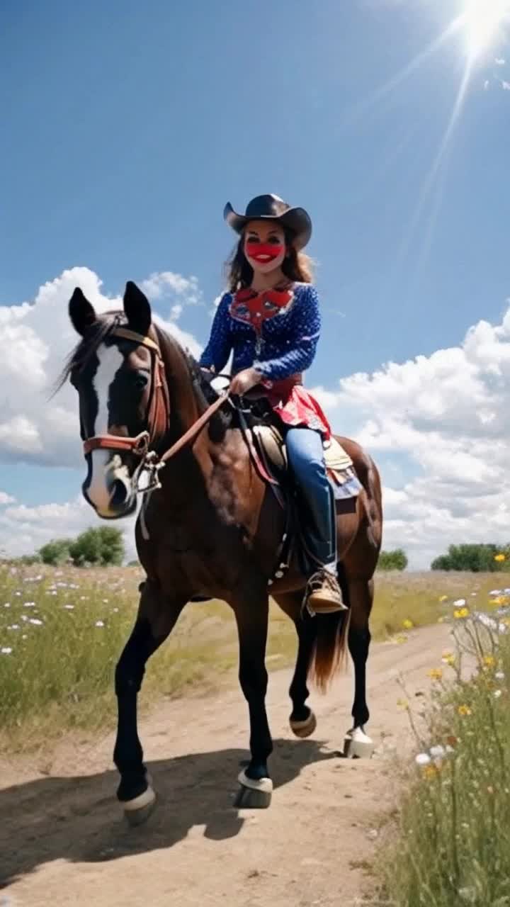 Enchanting cowgirl clown adorned in vibrant Western attire featuring polka dots and sequins radiating charm and whimsical flair galloping on a sturdy horse with flowing mane showcasing effortless confidence captivating onlookers with sparkling eyes and infectious grin under a bright blue sky painted with fluffy white clouds expansive open prairie dotted with wildflowers swaying gently in the breeze creating a lively atmosphere filled with laughter and joy as sunlight filters through the trees casting playful shadows making the scene come alive