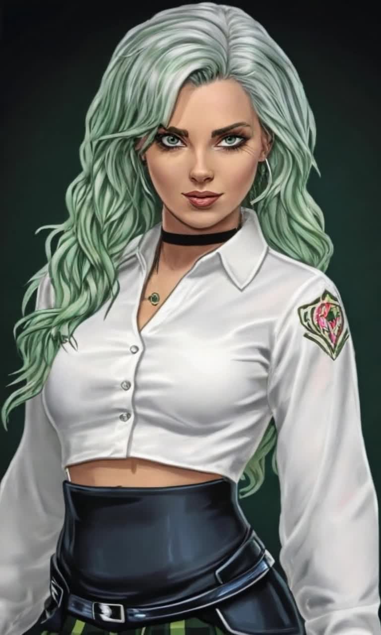 Ethereal beauty Sarah Bailey exuding vibrant green eyes showcasing a variety of captivating facial expressions poised effortlessly in relaxed elegance Full body in an open white mens shirt flowing over a blue green plaid mini skirt Long wavy blonde hair highlighted cascading like a waterfall styled with a grunge twist radiating 90s alternative vibes striking a sinuous pose that captivates the viewers attention surrounded by a minimalist aesthetic accentuated by bold vector design white outline emphasizing her wealthy demeanor drawing the focus to her enchanting presence without distractions from the backdrop