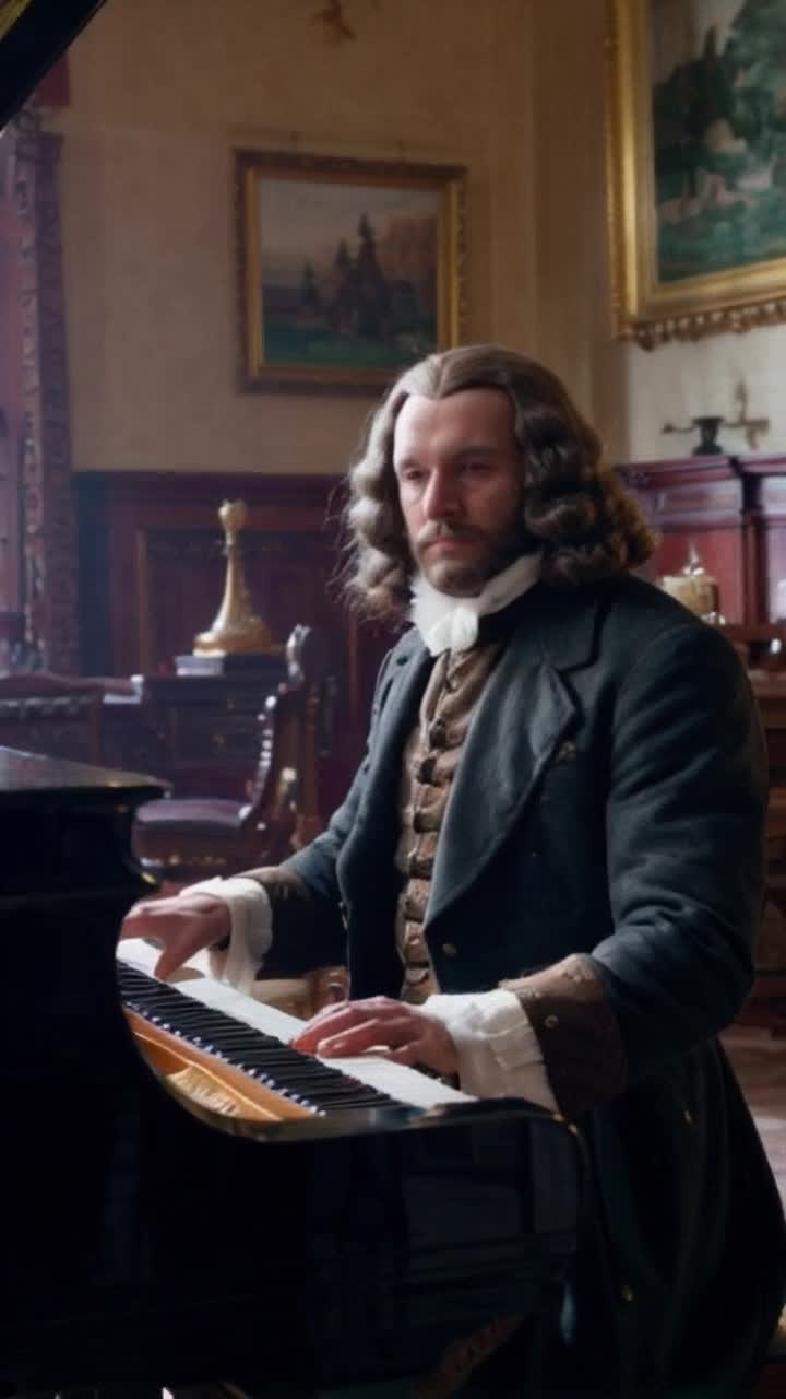 A photo realistic historically accurate RAW video of Mozart at the piano in a sumptuous room Mozart is dressed in historically correct period costume as well as a powde4ed elaborate wig with prominent vampire teeth and black faeries wings